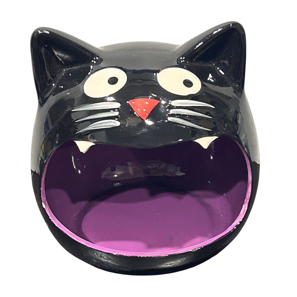 Walgreens Black Cat Candy Bowl 6.5" Halloween Ceramic Dish Purple Interior